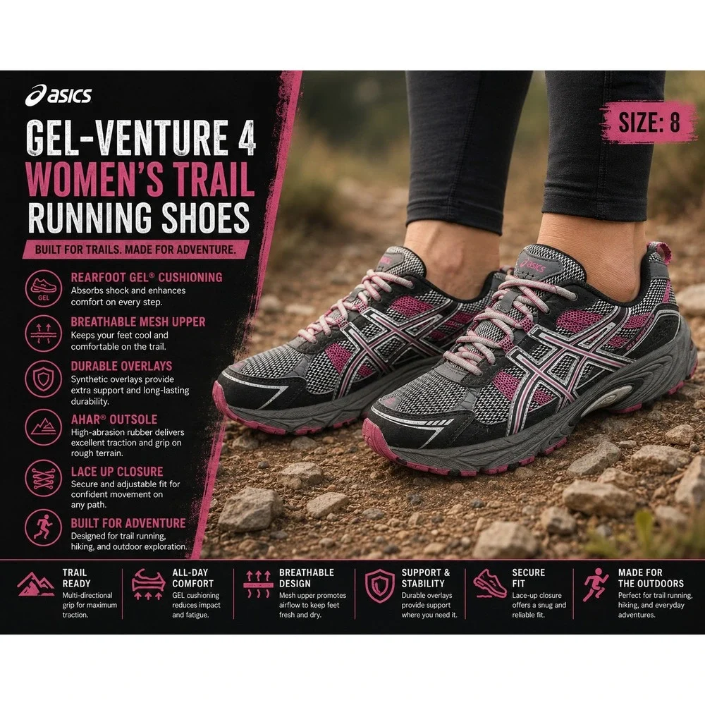 Asics Gel-Venture 4 Women's 8 Trail Running Shoes Black Pink Athletic Sneakers